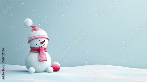 3D style of a minimal snowy scene with a snowman. Copy space for advertising text.