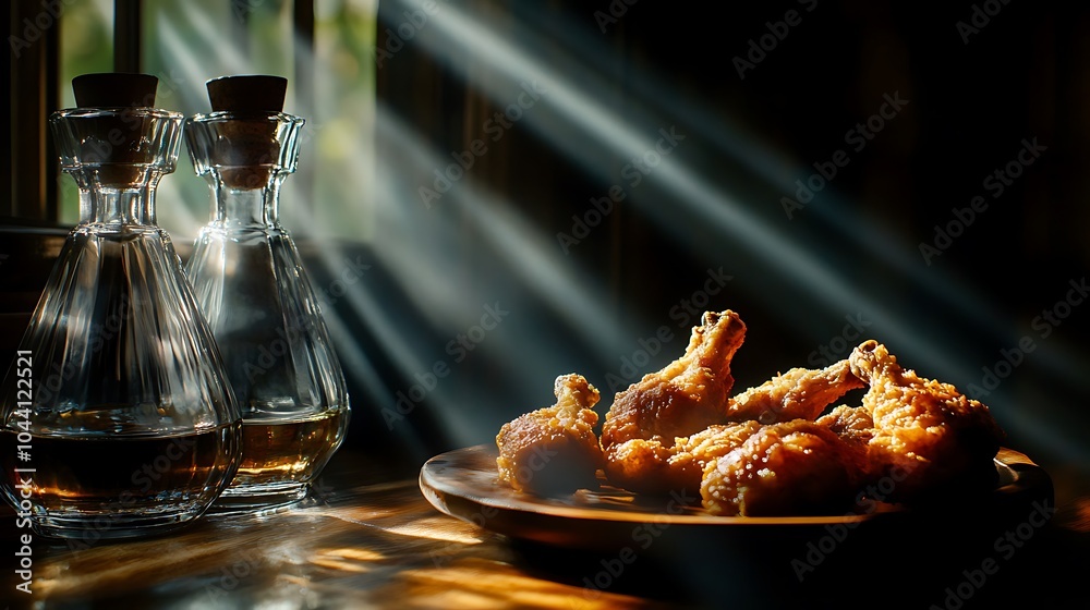 Crispy fried chicken wings on a wooden plate with two bottles of liquor in the background. Crispy fried chicken wings on a wooden plate with two bottles of liquor in the background.