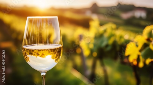 A glass of white wine with a beautiful vineyard backdrop. This image represents the concept of winemaking.