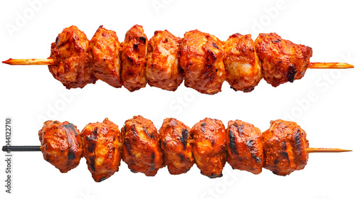 tandoori chicken skewer isolated on white background, spicy grilled indian chicken kebab, traditional indian cuisine, cut out