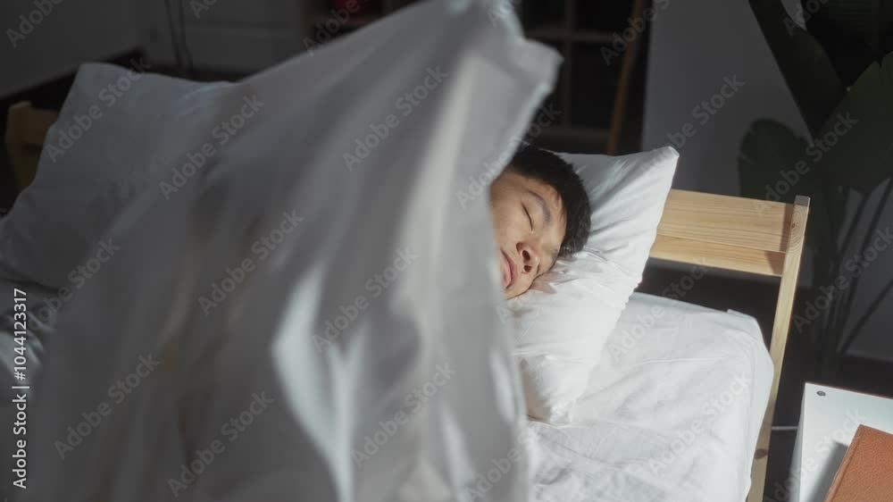 Young man sleeping in a cozy bedroom, resting on a white pillow and wrapped in white bedding, creating a serene and peaceful indoor setting at home. Young man sleeping in a cozy bedroom, resting on a white pillow and wrapped in white bedding, creating a serene and peaceful indoor setting at home.