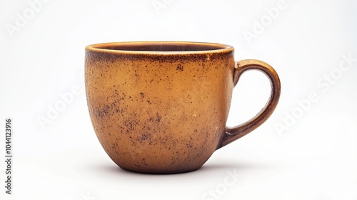 A hot beverage in a ceramic cup sits on a plain white background.