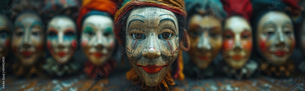 Many masks that are lined up together on a table, banner Many masks that are lined up together on a table, banner