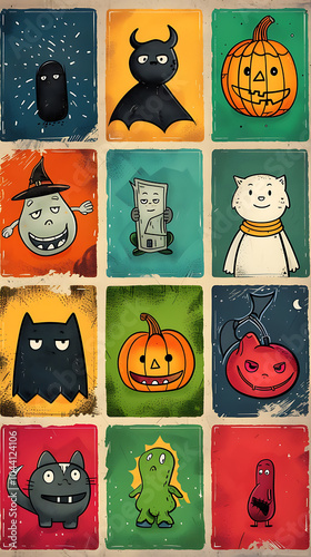 Cute and colorful cartoon characters fill this playful illustration, featuring mix of Halloween themed designs like pumpkins, ghosts, and monsters. Each character has unique expression, adding to whim