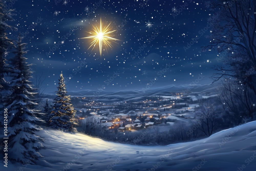 Bright star shining over a snowy Christmas landscape Bright star shining over a snowy Christmas landscape