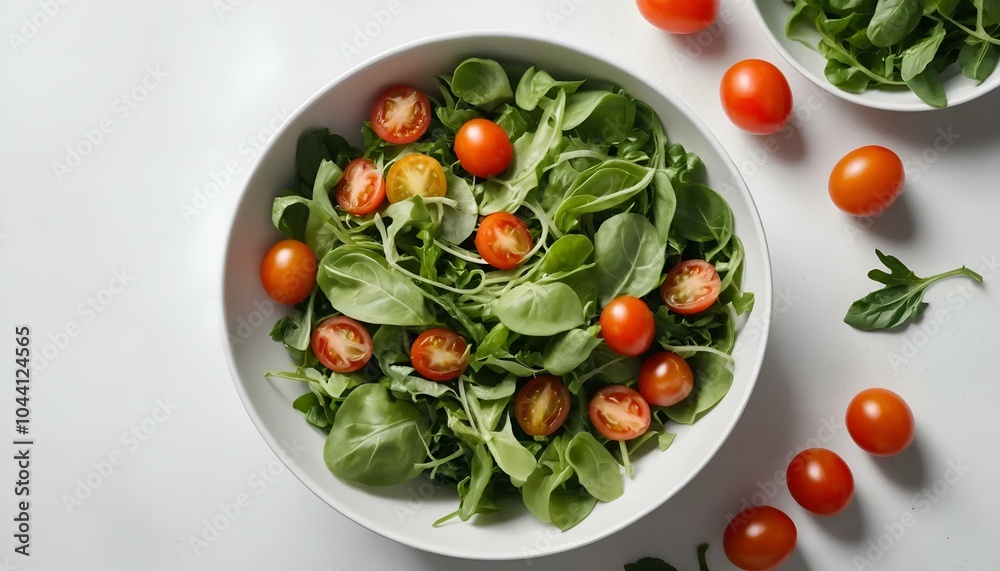 Fresh green salad with cherry tomatoes in a white bowl, healthy meal, vibrant ingredients
Fresh green salad with cherry tomatoes in a white bowl, healthy meal, vibrant ingredients