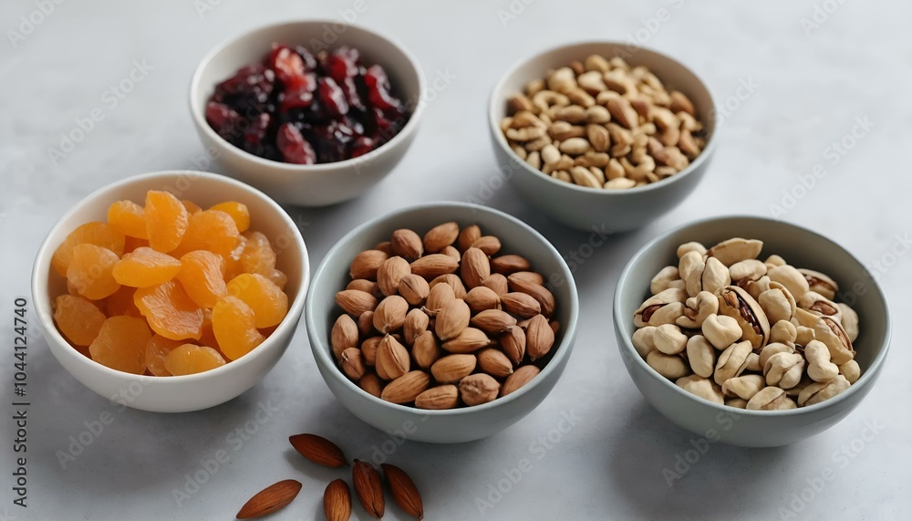 Assorted bowls of nuts and dried fruits including almonds, cashews, and cranberries on a light background