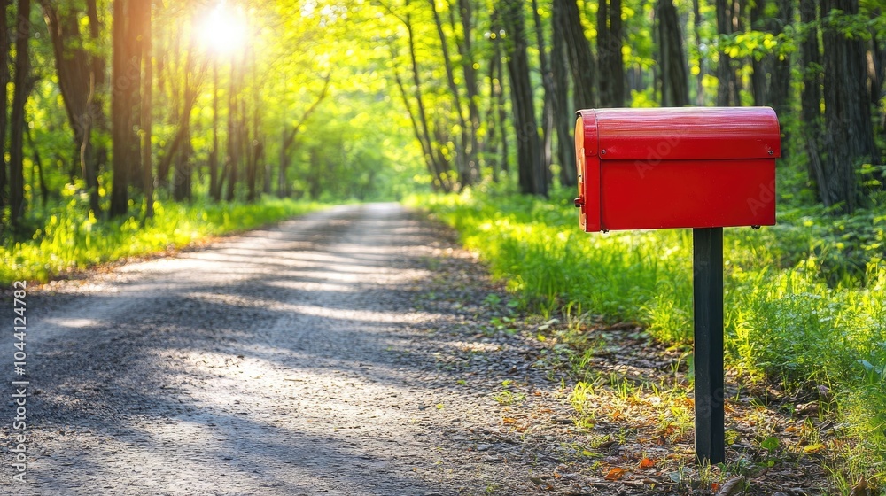 Vibrant Red Mailbox on Scenic Forest Road Vibrant Red Mailbox on Scenic Forest Road