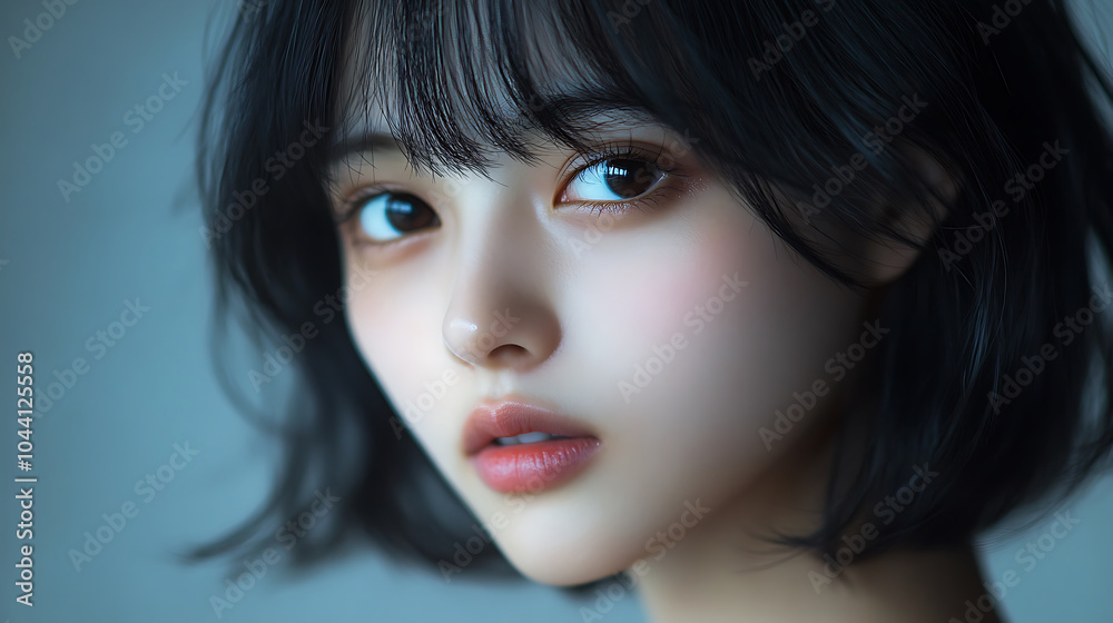 A close up portrait of young woman with short, dark hair and soft features, conveying serene and contemplative expression. lighting enhances her delicate skin tone and expressive eyes A close up portrait of young woman with short, dark hair and soft features, conveying serene and contemplative expression. lighting enhances her delicate skin tone and expressive eyes