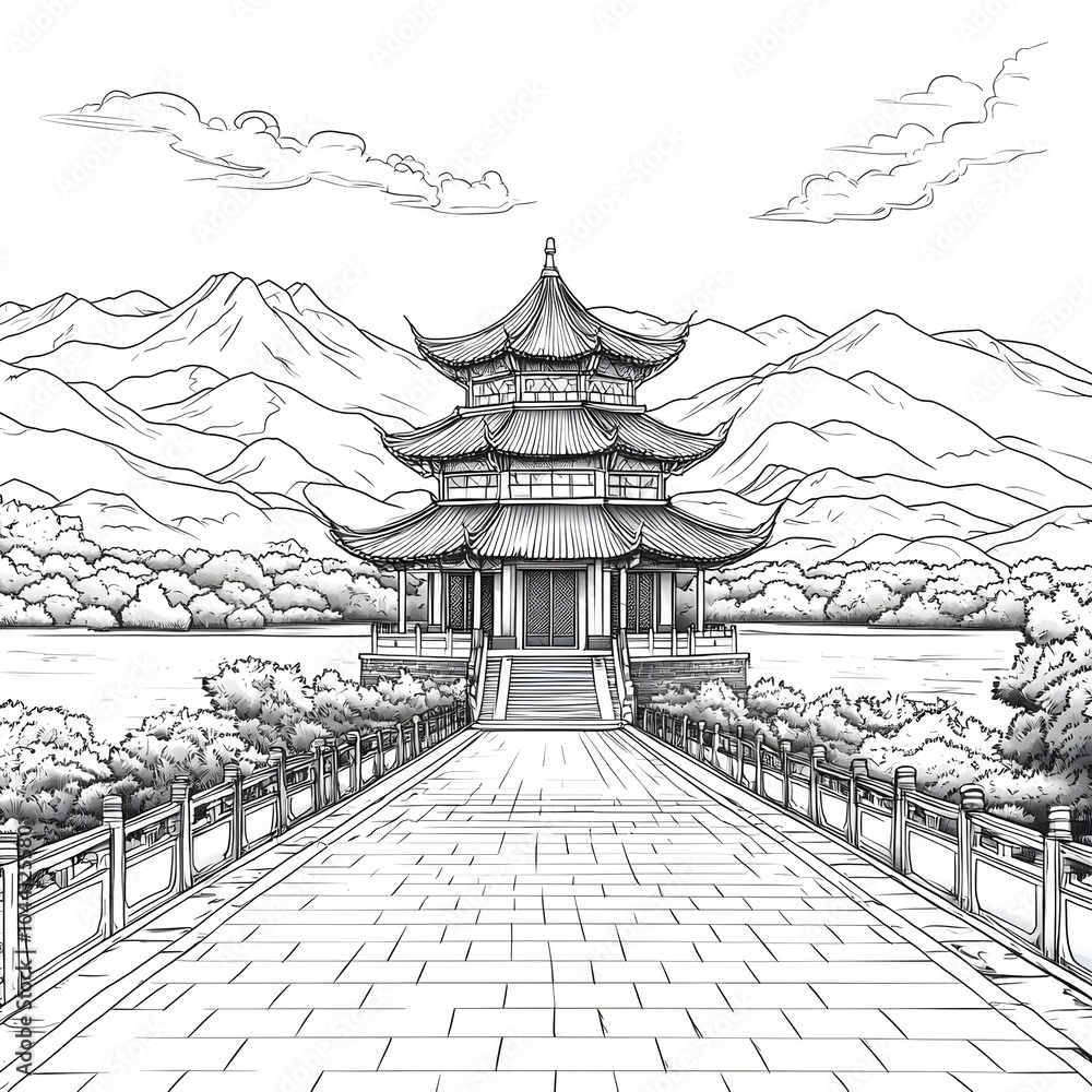 Fototapeta premium A serene black and white illustration of a traditional Asian pavilion surrounded by mountains and trees, showcasing intricate architectural details.