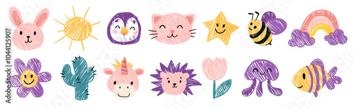 Cute crayon icon set, cute baby animal illustration, kids doodle scribbles with unicorn, star, rainbow, fish, cat naive wax crayon art. Vector Cartoon hand drawn childish sketches.
