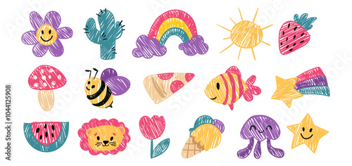 Doodle crayon icon set, naive wax crayon art, kids doodle scribbles with pizza, lion, fish, flower, jellyfish, watermelon. Vector Cartoon-hand drawn childish sketches