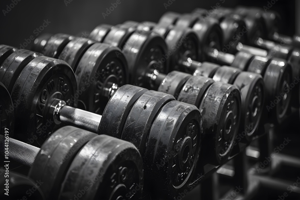Fototapeta premium A Row of Heavy Dumbbells in a Gym Setting
