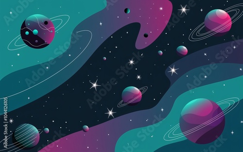 Abstract space background with planets, stars and nebulas in teal and pink hues. photo