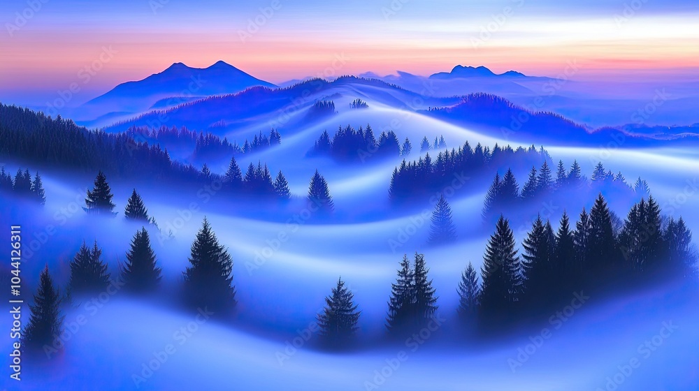 Serene Misty Landscape at Dawn with Rolling Hills Serene Misty Landscape at Dawn with Rolling Hills