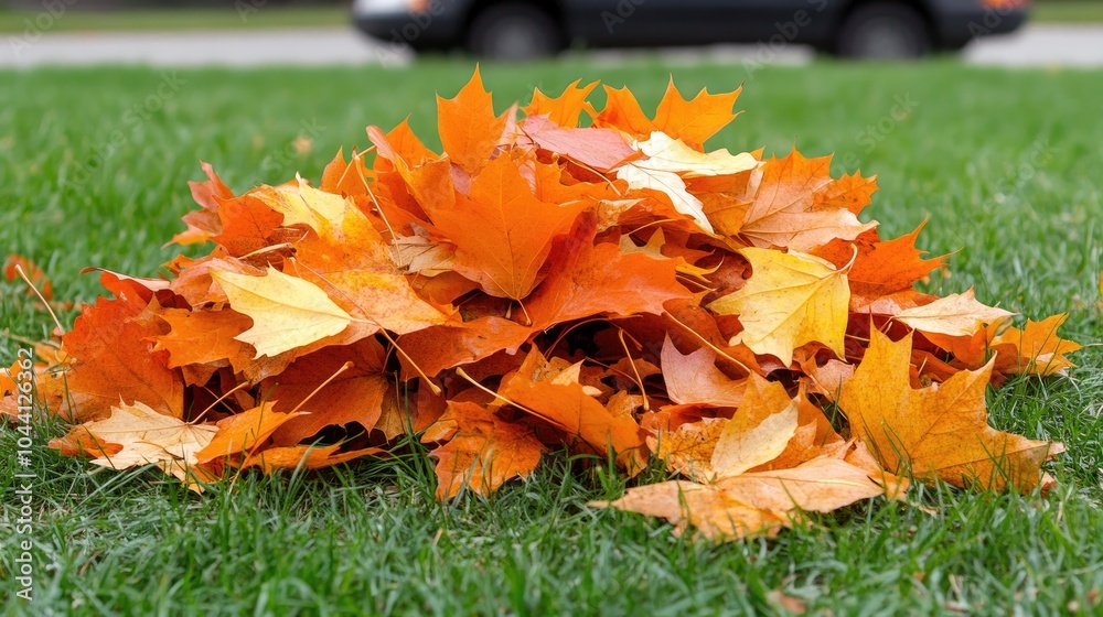 Colorful Autumn Leaves Pile on Green Grass Colorful Autumn Leaves Pile on Green Grass