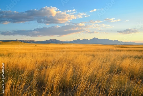 Endless steppe with golden light and distant mountains