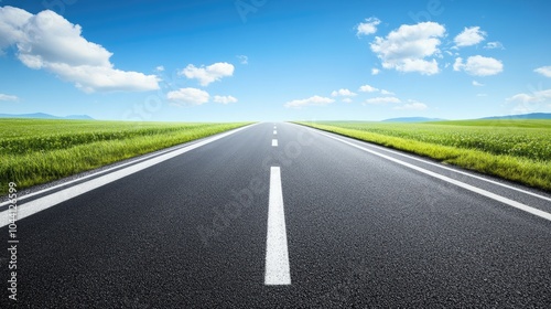 Open Road Under Blue Sky with Lush Green Fields