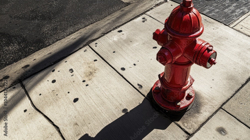 Fototapeta premium Bright Red Fire Hydrant on City Sidewalk
