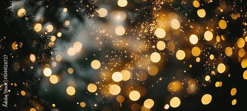 Glittering Abstract Golden Lights on Dark Background (christmas-tree)