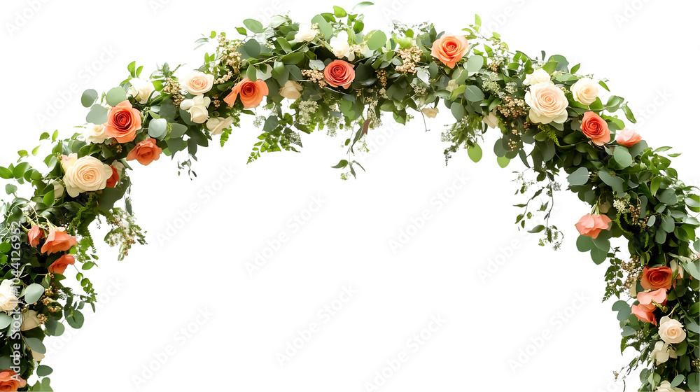 Fototapeta premium Floral arch with orange and white roses, lush greenery wedding decor, cut out