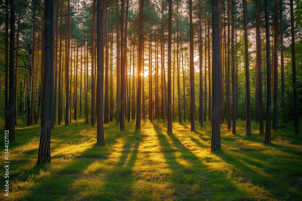 Obraz premium Shadows stretch through the pine forest at dusk