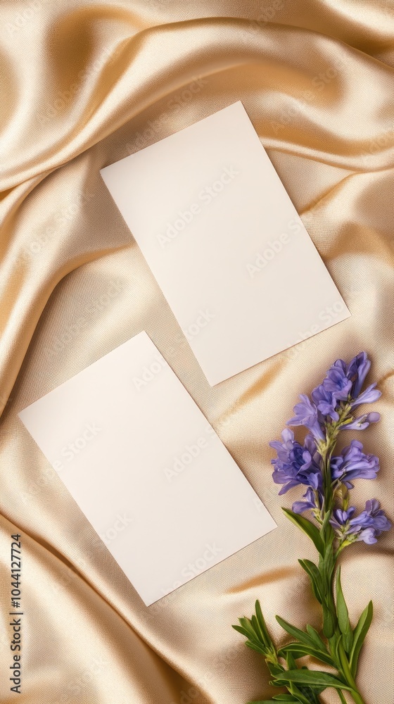 Blank white cards elegantly placed with purple flowers on soft fabric, offering a refined space for creativity or messaging. Blank white cards elegantly placed with purple flowers on soft fabric, offering a refined space for creativity or messaging.
