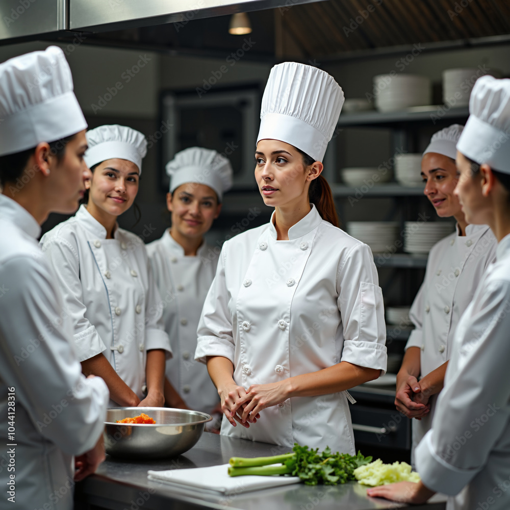 A female chef teaches a group of students in a professional kitchen, demonstrating culinary techniques. Ideal for themes of cooking, education, and culinary arts.
A female chef teaches a group of students in a professional kitchen, demonstrating culinary techniques. Ideal for themes of cooking, education, and culinary arts.