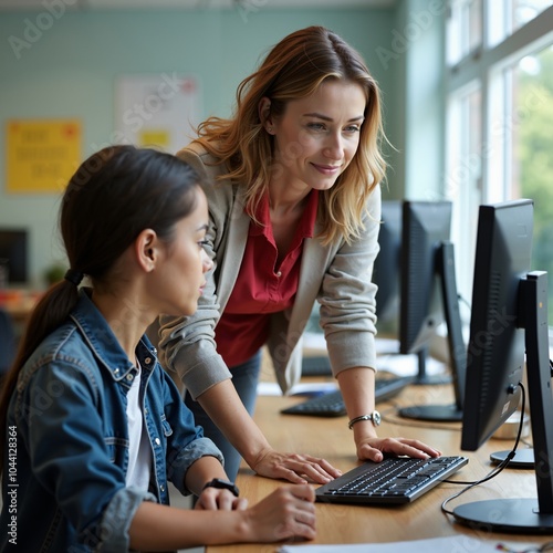 A dedicated teacher assists a young student working on a computer in a bright classroom. Ideal for themes of education, technology, and learning.
