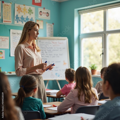 A female teacher instructs a group of young students in a colorful classroom, standing by a whiteboard. Ideal for themes of education, teaching, and childhood learning.
 photo