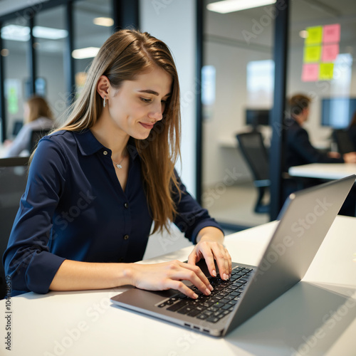 A professional woman works on her laptop in a modern office environment. Ideal for themes of business, technology, and productivity in a corporate setting.
