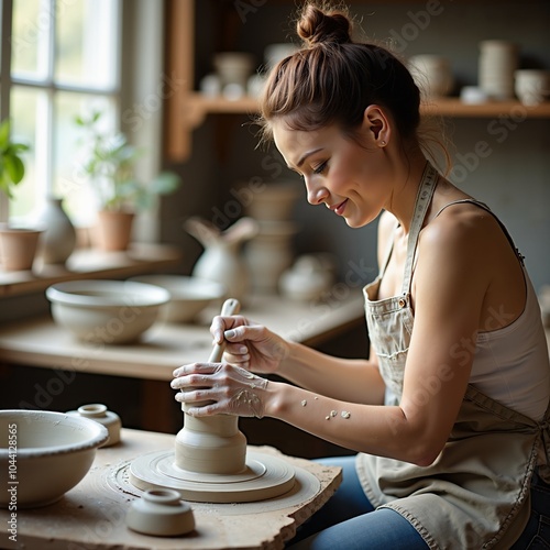 A female potter skillfully shapes a clay pot on a pottery wheel in a sunlit studio. Ideal for themes of craftsmanship, pottery, and handmade art.
