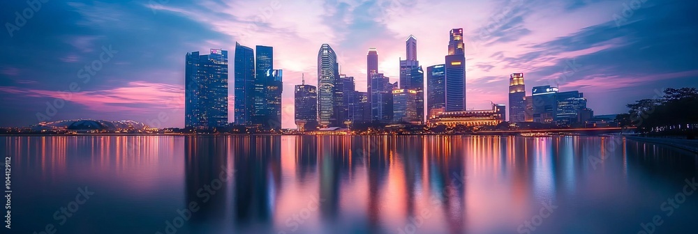 Fototapeta premium City skyline reflecting in the water at sunset