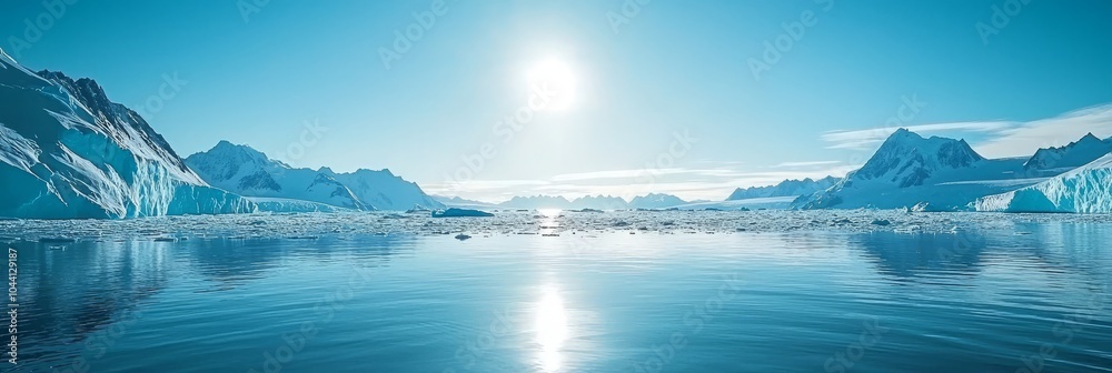 Fototapeta premium Expansive glacial landscape under a bright blue sky.