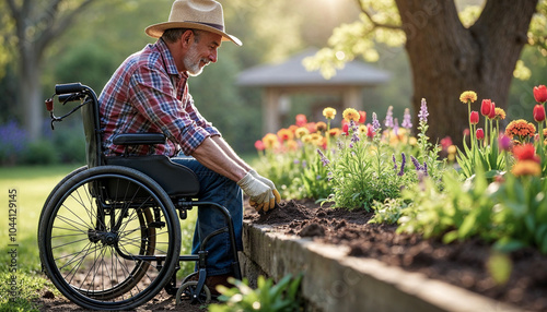 A disabled man tends to his raised beds in his garden