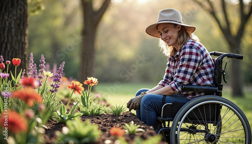 A disabled woman tends to her raised beds in her garden