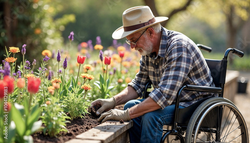 A disabled man tends to his raised beds in his garden