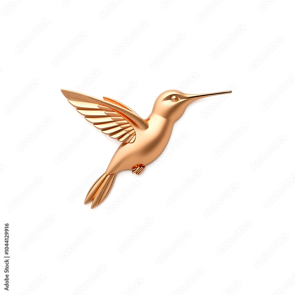 Fototapeta premium Hummingbird metallic 3D image of rose gold hummingbird on white background. Generative AI