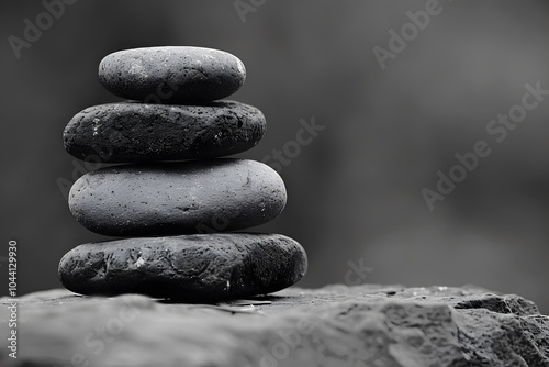 Tranquil Balance: A Stack of Smooth Stones in Monochrome Serenity