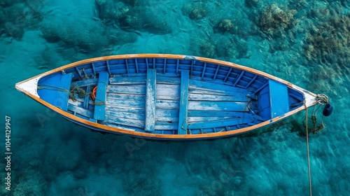 Top view of a blue wooden fishing boat anchored in the sea, captured by drone.

