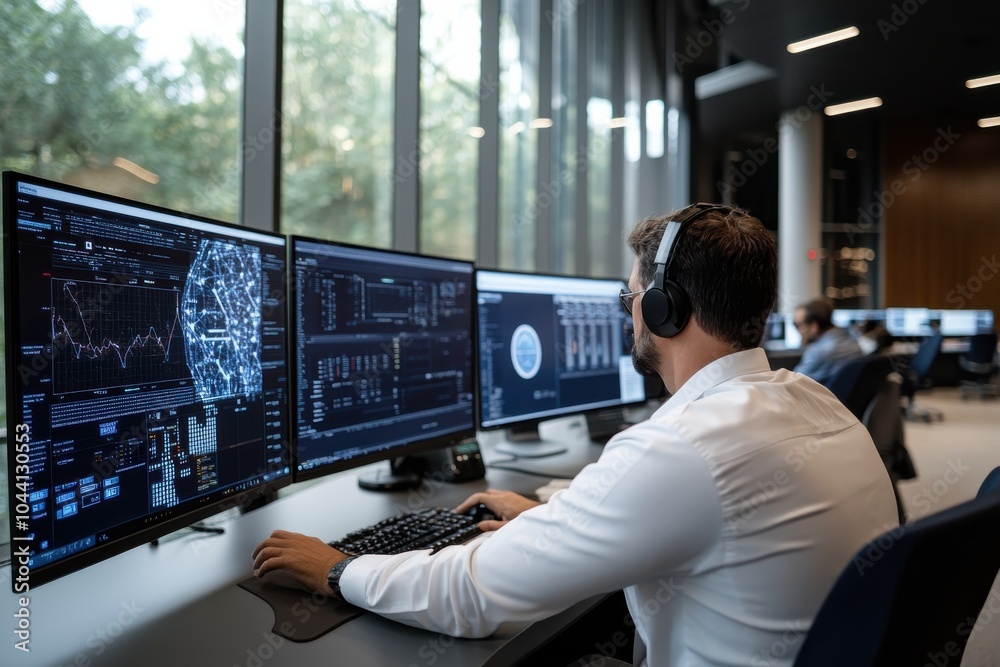 A professional analyst works in a tech-driven office, intently focused on complex data across multiple digital screens, embodying cutting-edge technological advancement. A professional analyst works in a tech-driven office, intently focused on complex data across multiple digital screens, embodying cutting-edge technological advancement.