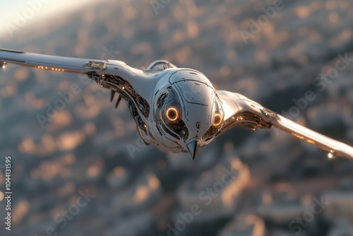 A sleek, metallic robotic bird with glowing eyes flies over a blurred cityscape, embodying advanced technology and innovation in artificial intelligence design. photo