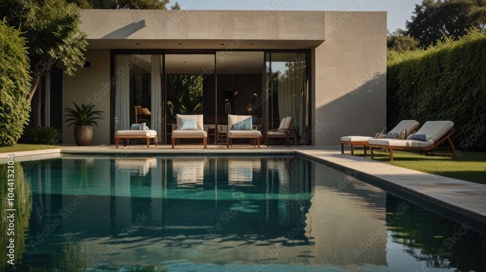 custom made wallpaper toronto digitalModern minimalist house with a swimming pool and lounge chairs.