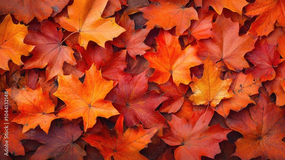  Bold, vibrant orange and red autumn leaves scattered on the forest floor.
