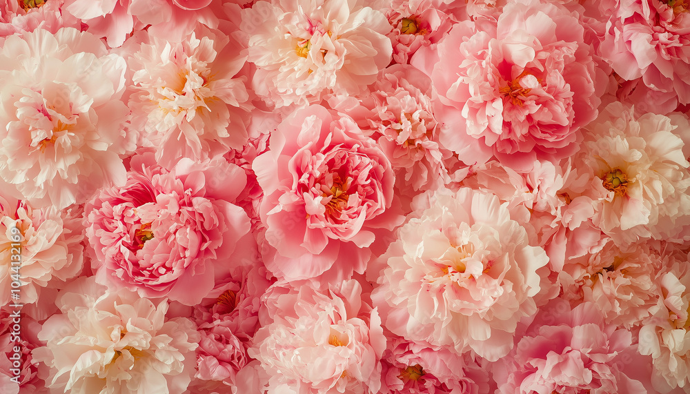 Fluffy pink peonies flowers background. A Flurry of Fluffy Pink Peonies in Full Bloom Fluffy pink peonies flowers background. A Flurry of Fluffy Pink Peonies in Full Bloom