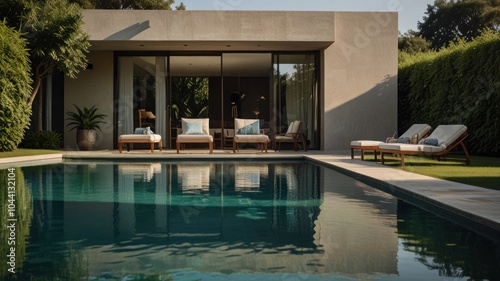 Wallpaper Mural Modern minimalist house with a swimming pool and lounge chairs. Torontodigital.ca