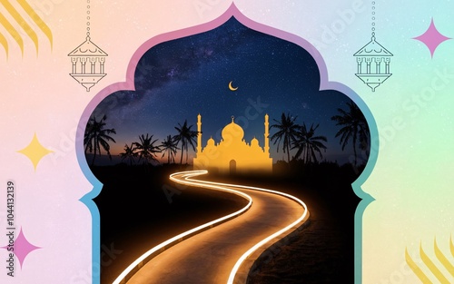 A glowing path leading to a mosque with a crescent moon in the night sky. photo