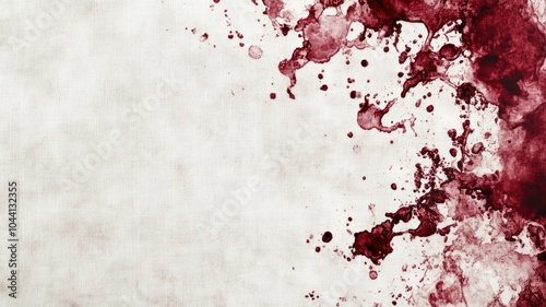 Abstract burgundy wine stains on white linen, forming organic splatters and patterns. photo