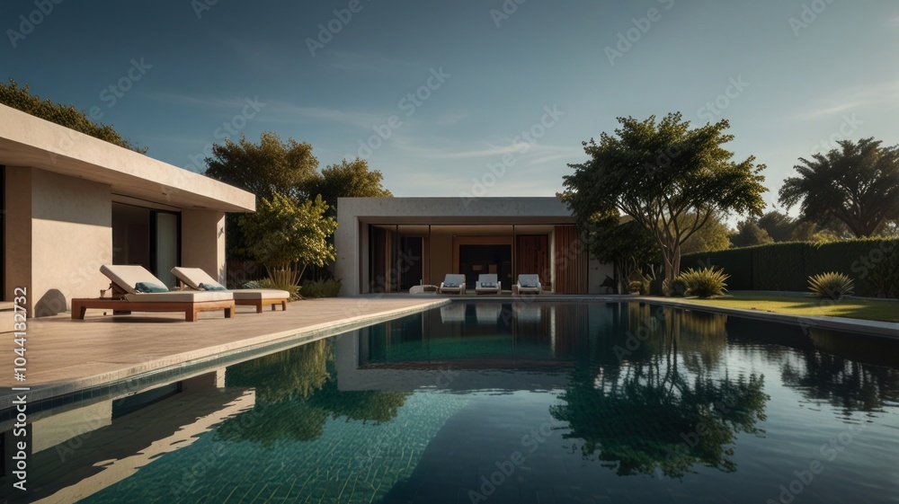 Fototapeta premium A modern, luxurious home with a swimming pool and lounge chairs, surrounded by lush greenery.