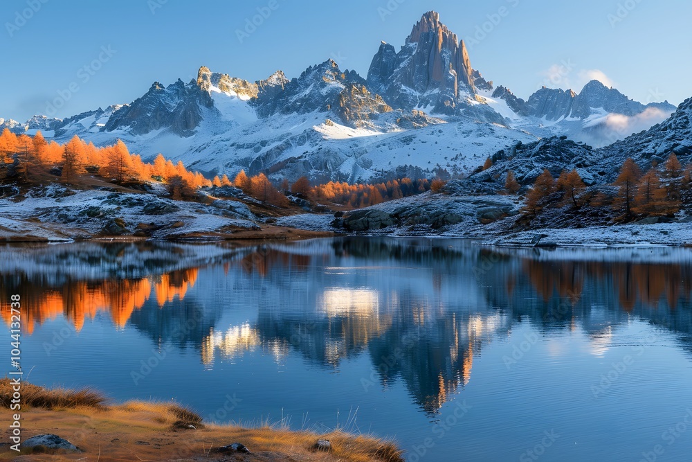 Fototapeta premium Serene Mountain Landscape with Autumn Reflections in a Tranquil Lake